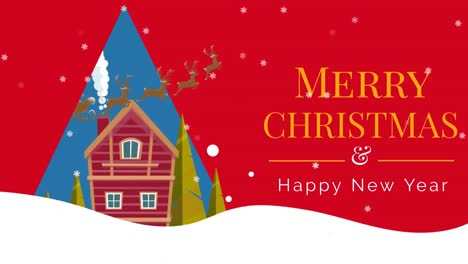 Animation-of-merry-christmas-and-happy-new-year-text-over-house-and-snow-falling