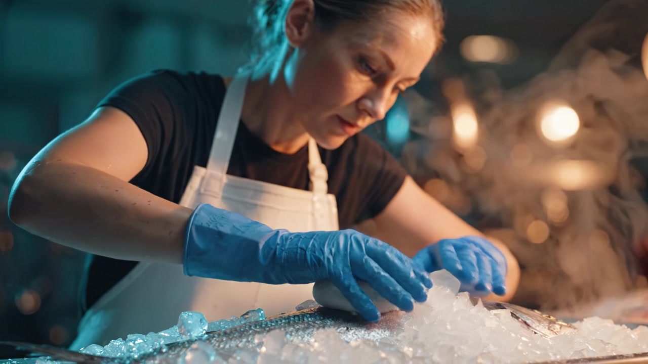 Artista culinario concentrato prepara abilmente ingredienti sul ghiaccio con precisione e cura, mettendo in mostra tecniche culinarie in un ambiente di cucina elegante.
