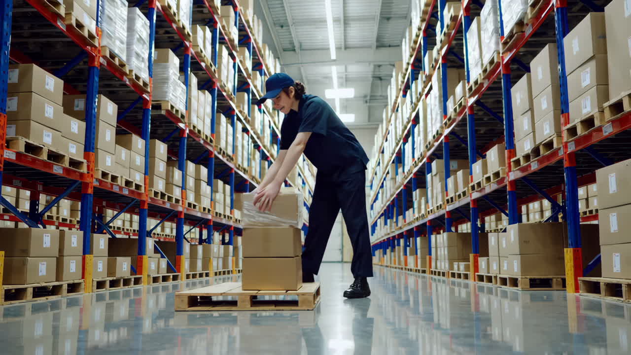 Warehouse Worker Handling Boxes on Pallet