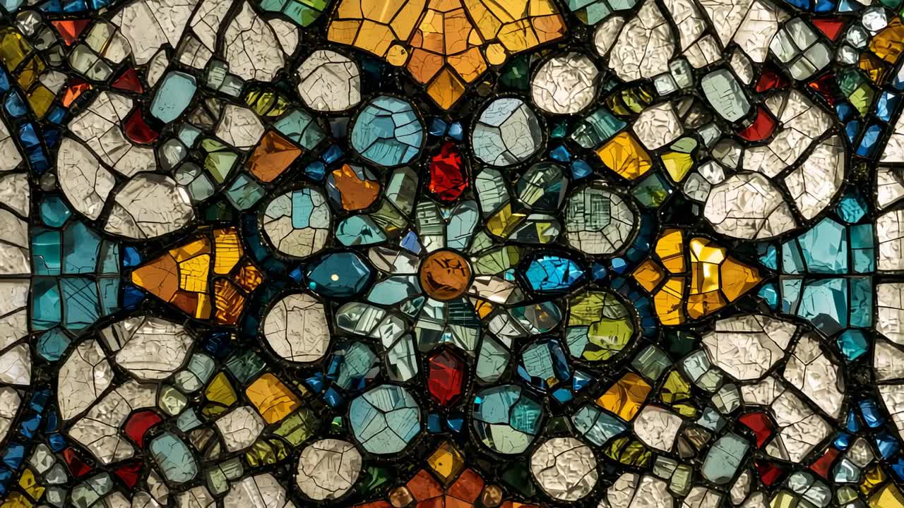 Starting recording camera capturing stained glass mosaic inside building, showing floral design