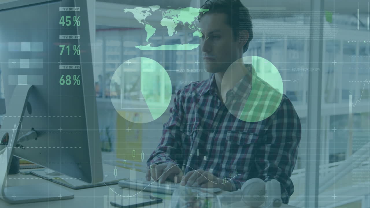At desk, man working with data visualization and world map animation overlay