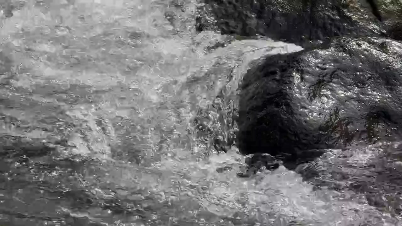 Acqua cristallina di ruscello di montagna che scorre su rocce scure