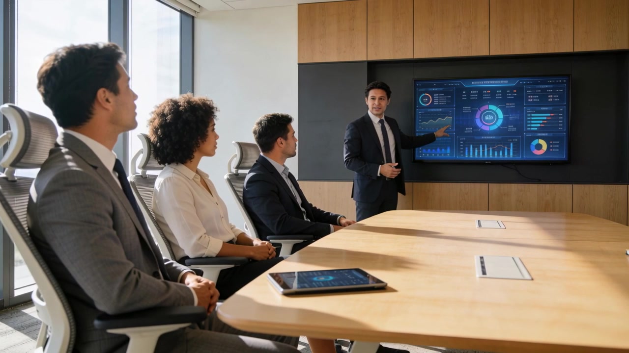 Starting talk, presenter in suit pointing at display and inviting input in meeting room, copy space