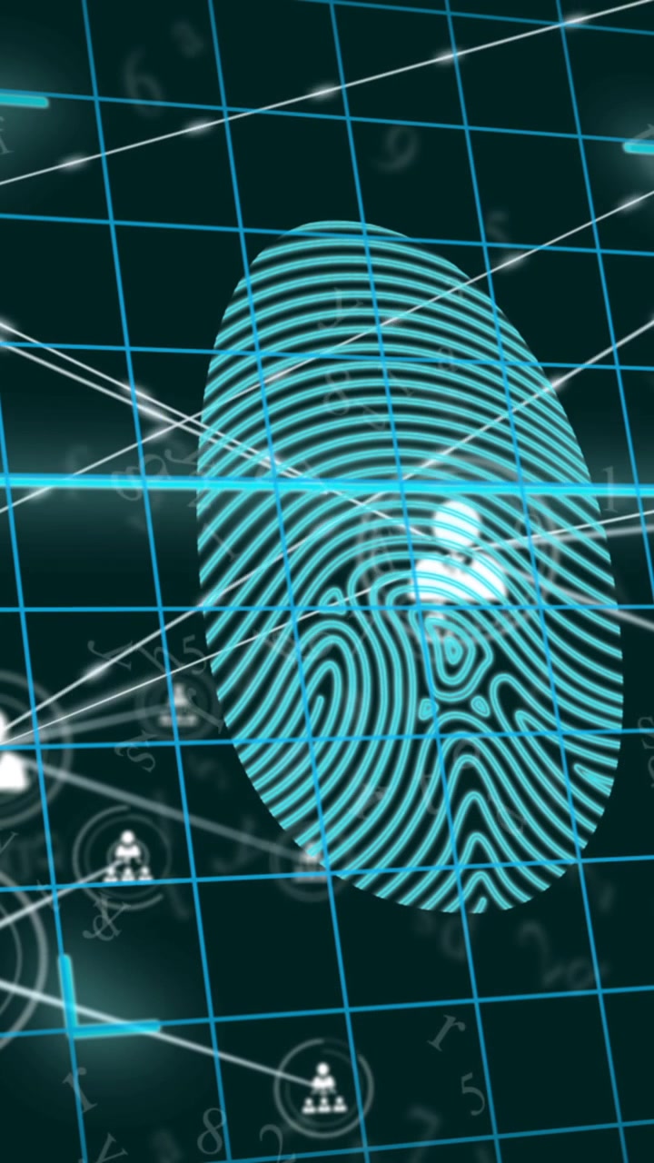 Animation of biometric fingerprint, network of connections with icons and data processing