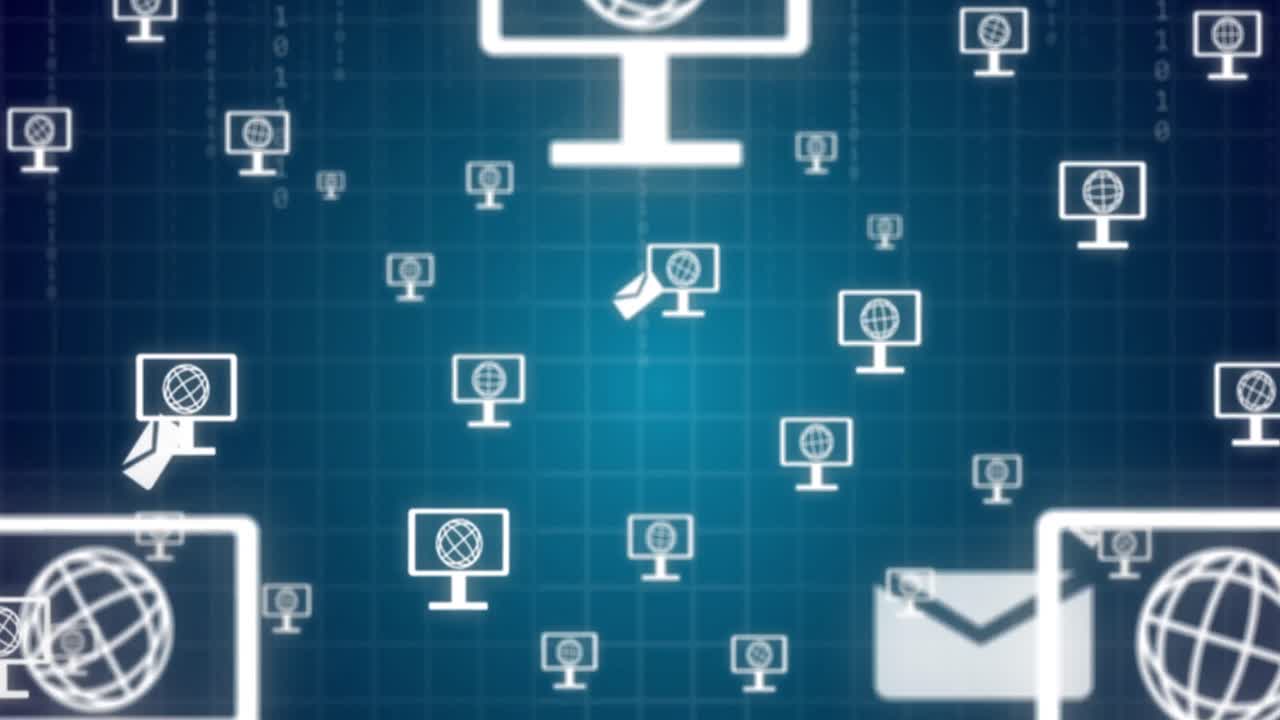 animación de los iconos de la computadora y del sobre sobre el procesamiento de datos en fondo azul.