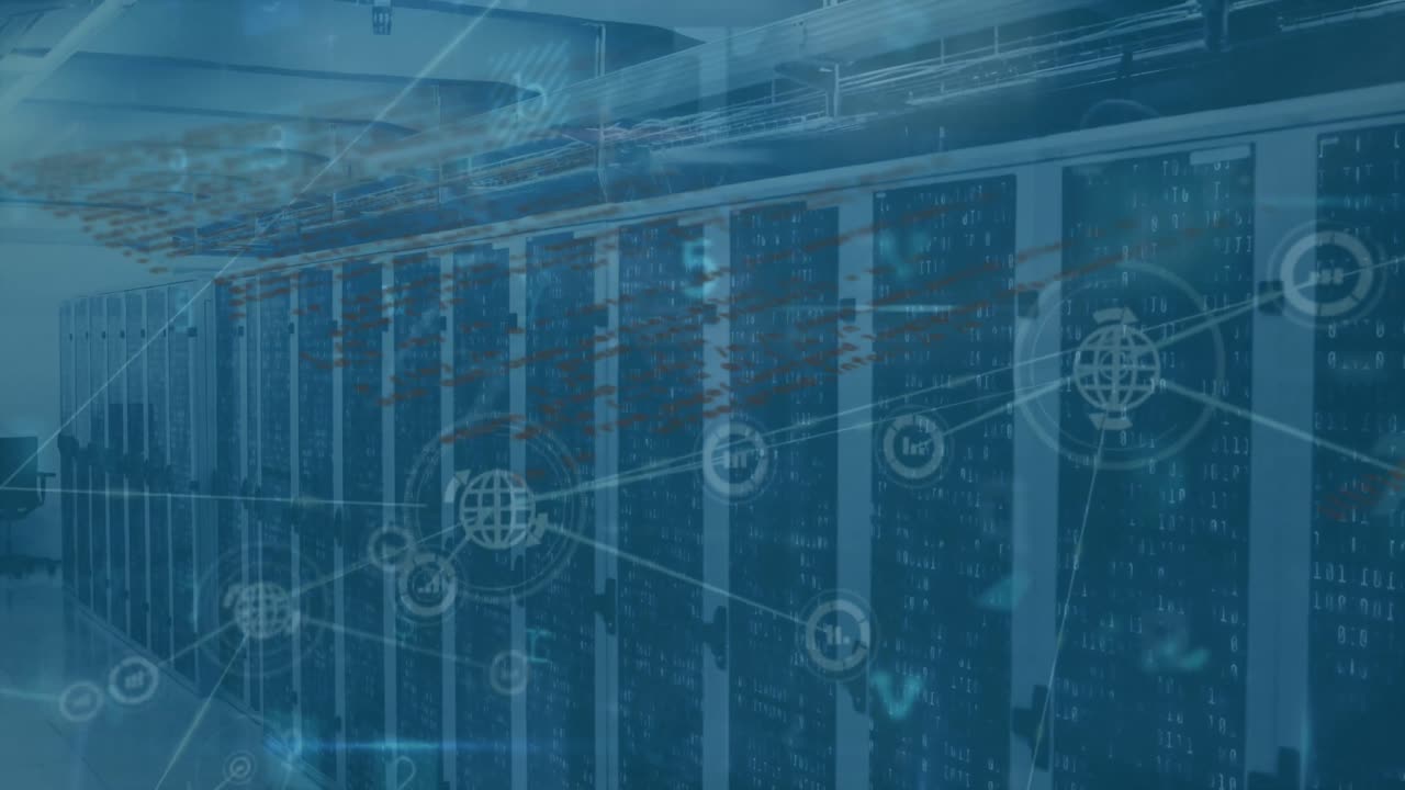 Animation of cyberattack warning with data processing and network of connections over server room