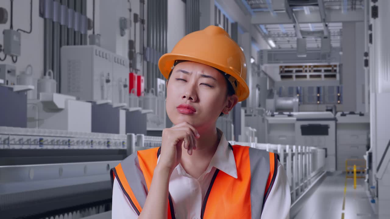 Close Up Of Asian Female Engineer With Safety Helmet Thinking About Something And Looking Around At Pharmaceutical Factory, Vaccine Production Facility