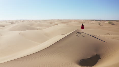 cinematic drone shot of a woman in a red dress walking on top of a steep sand dune in the gobi desert