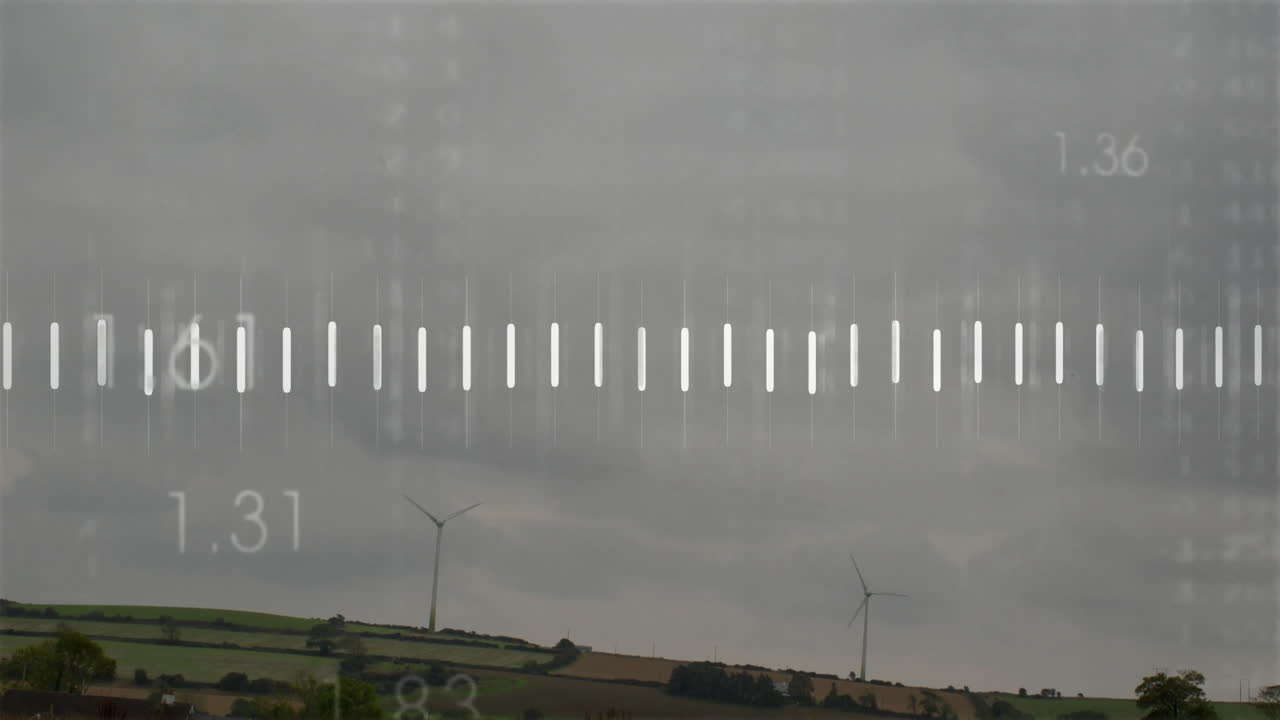 Wind turbines generating energy on landscape with animated measurement scale overlay
