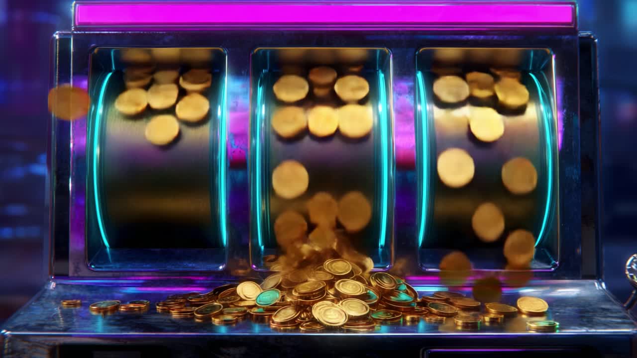 A vibrant depiction of a sparkling slot machine with shimmering gold coins, showcasing the excitement of a casino experience and the allure of hitting the jackpot in a thrilling gambling environment