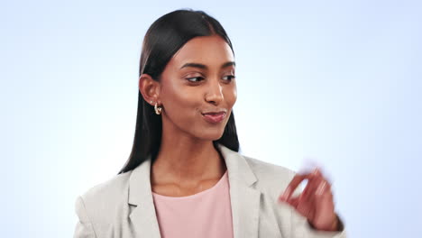 Okay-hands,-face-and-business-woman-in-studio