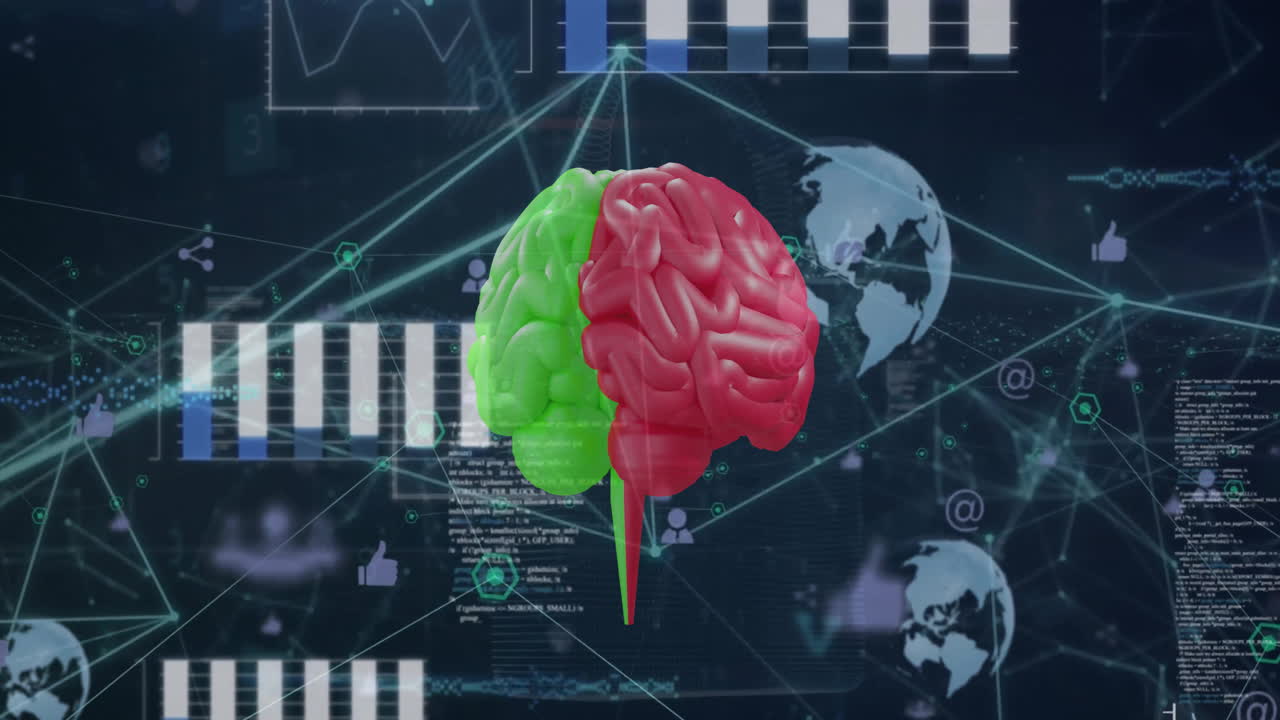 animación del cerebro humano, procesamiento de datos y estadísticas en todo el mundo