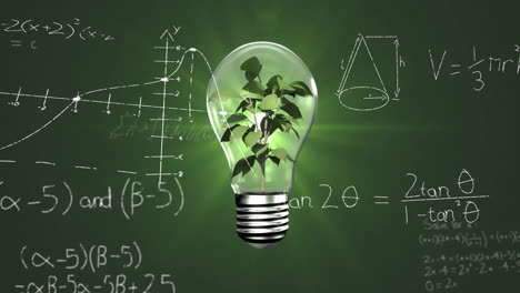 animation of mathematical data processing over plant growing in lightbulb