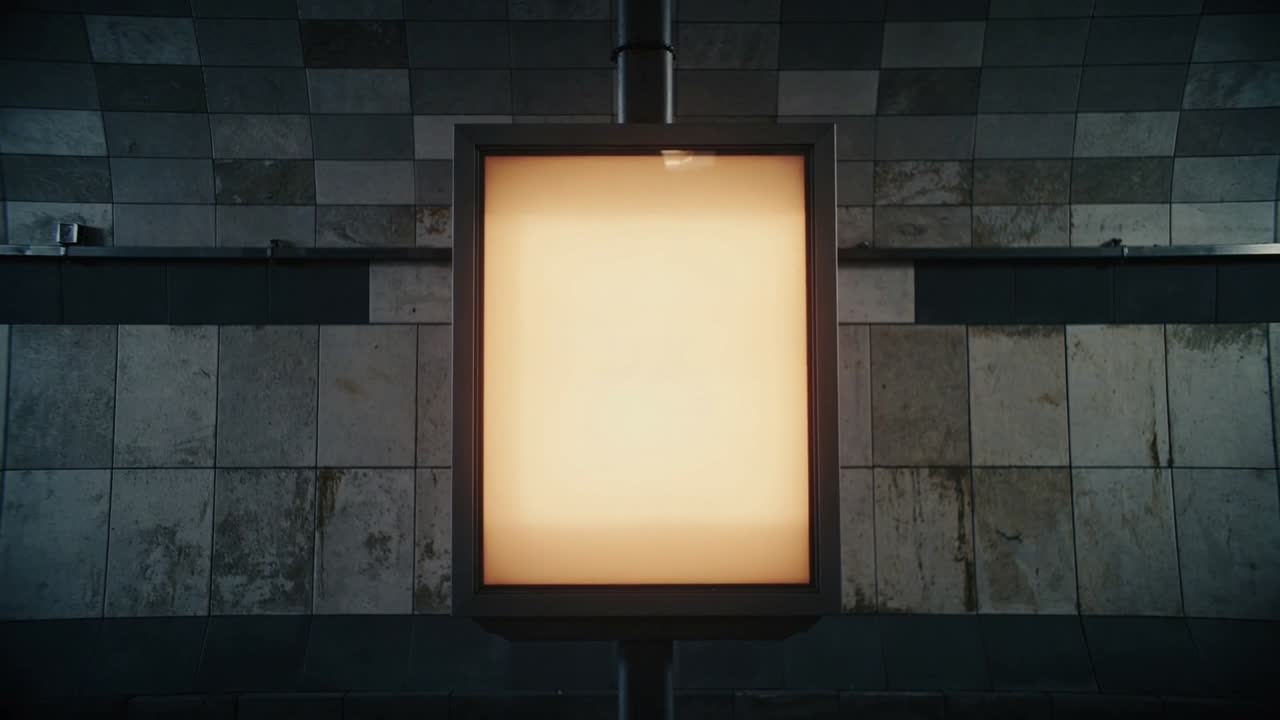 Glowing backlit sign on pole flickering from power fluctuation at transit platform, with tiled wall