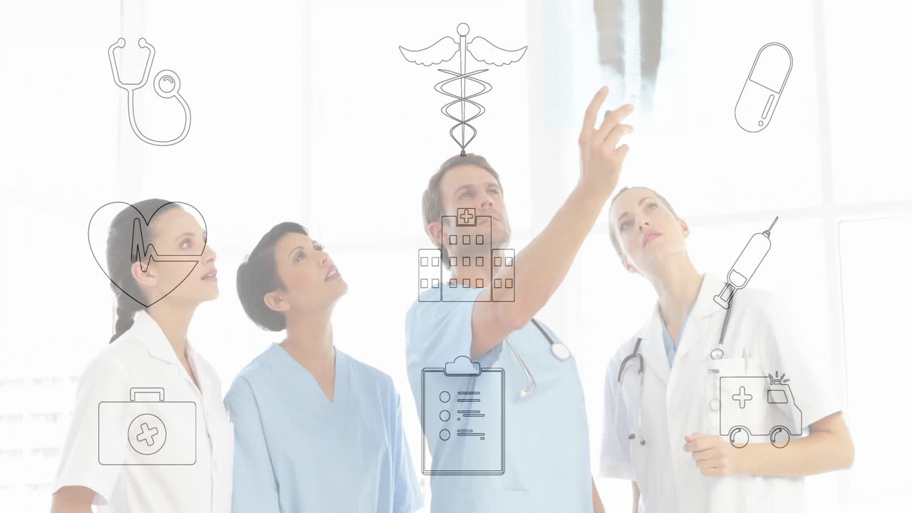 Examining X-ray, doctors with medical icons animation overlaid in hospital