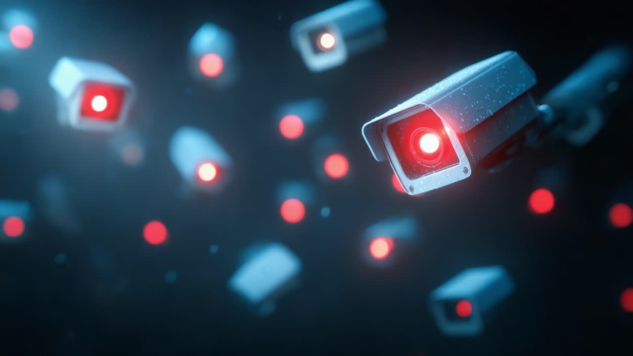 A Dynamic Array of Surveillance Cameras Capturing a Digital Environment with Flickering Lights and Intriguing Visual Depth in a High-Tech Setting