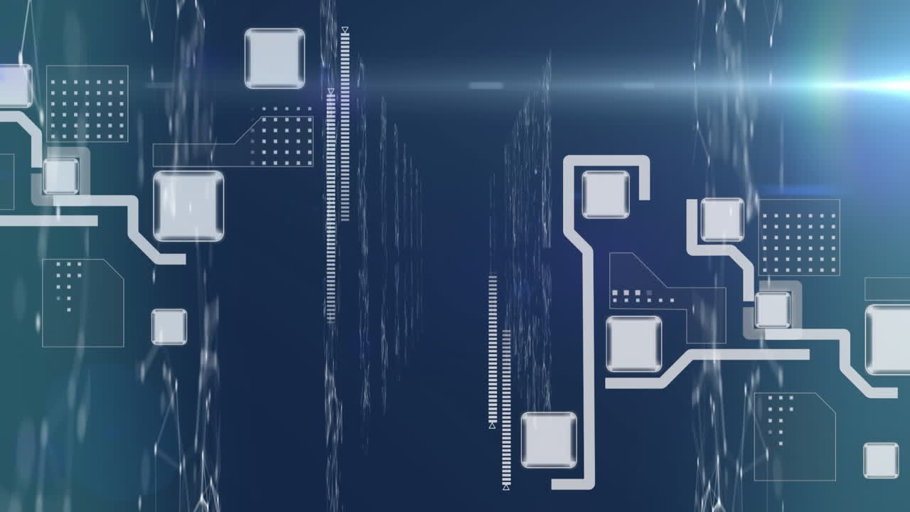 Digital animation of digital interface and network of connections against blue background
