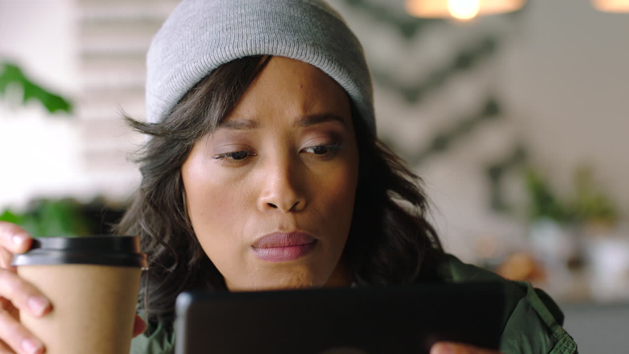 Coffee, business woman and tablet in office