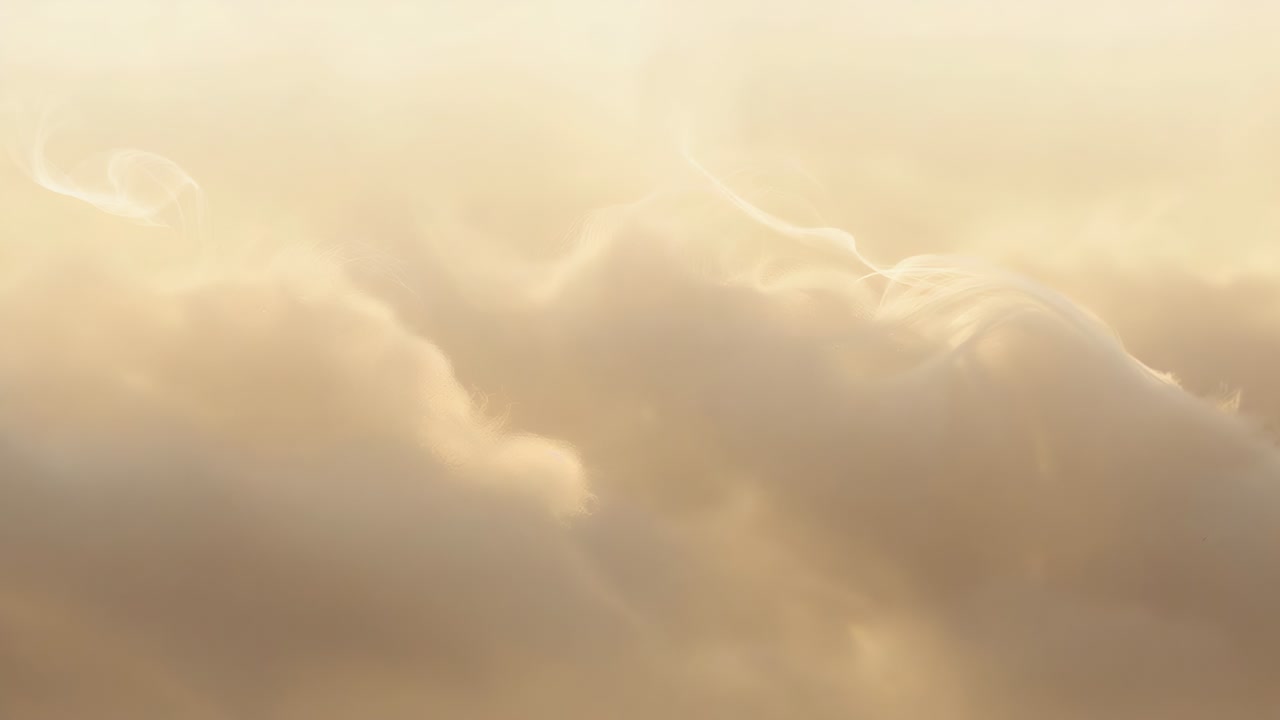 Shifting lit cloud bank softening rims above clouds, sun moving and lighting glints tracing wisps