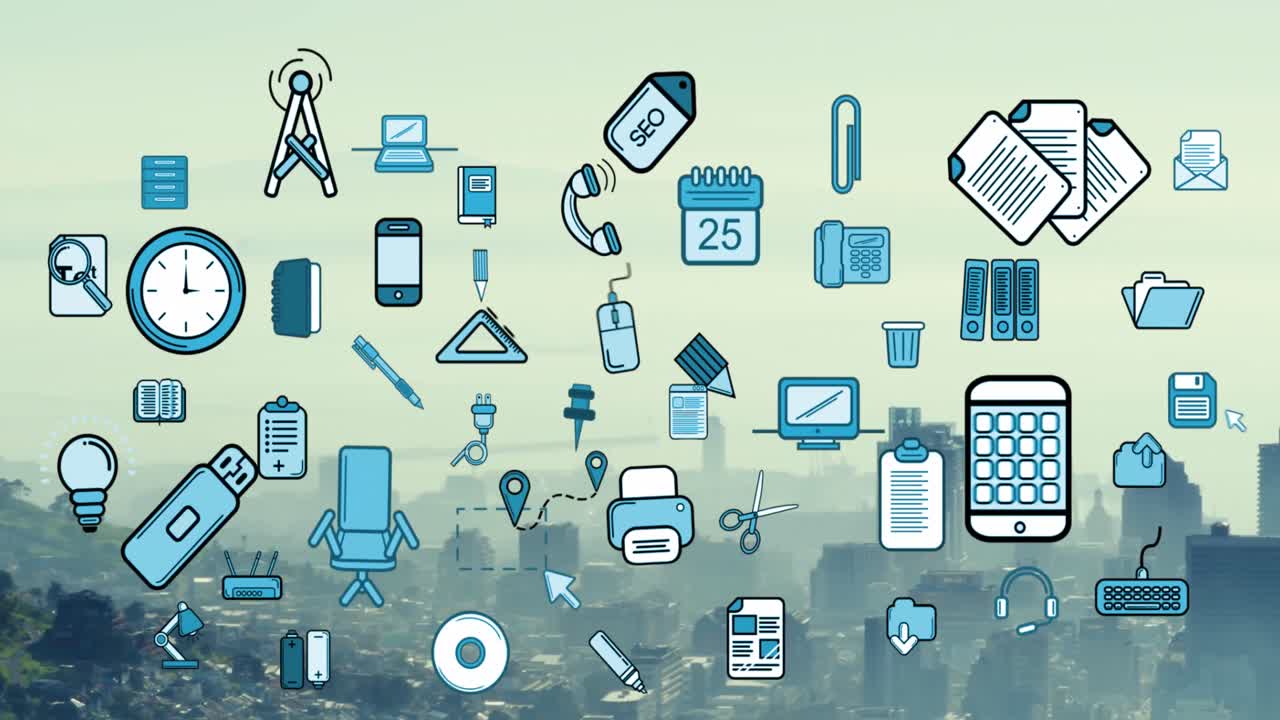 animación de múltiples iconos sobre una vista aérea del paisaje urbano moderno contra un cielo nublado.