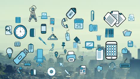 animation of multiple icons over aerial view of modern cityscape against cloudy sky
