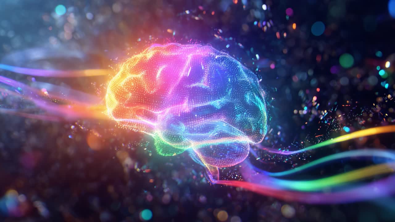 Digital brain pulsating with rainbow light while colorful data streams flow through it, representing concepts of artificial intelligence, creativity, machine learning, and neural network technology
