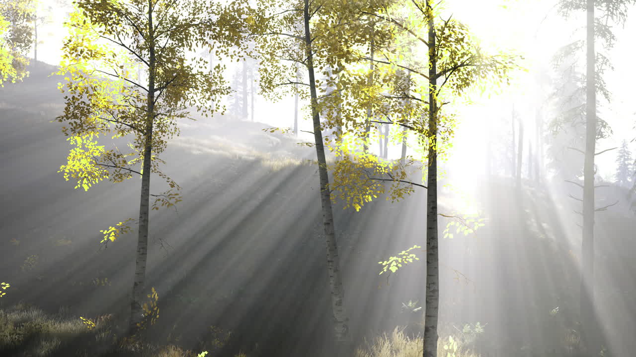 조용 한 숲 에서 나무 를 가로질러 는 빛