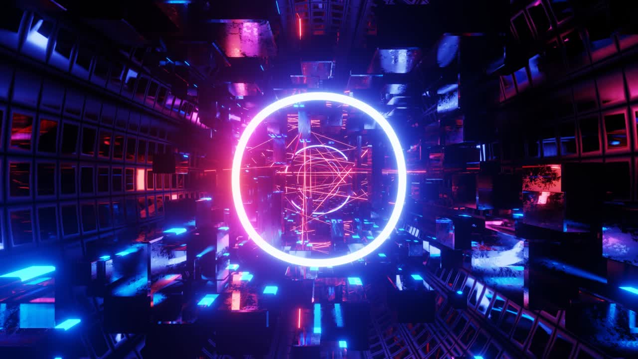 Hi-tech neon sci-fi tunel. Trendy neon glow lines form pattern and construction in mirror tunnel. Beautiful neon tunnel. Fly through technology cyberspace. 3d looped seamless 4k bright youth bg. Laser