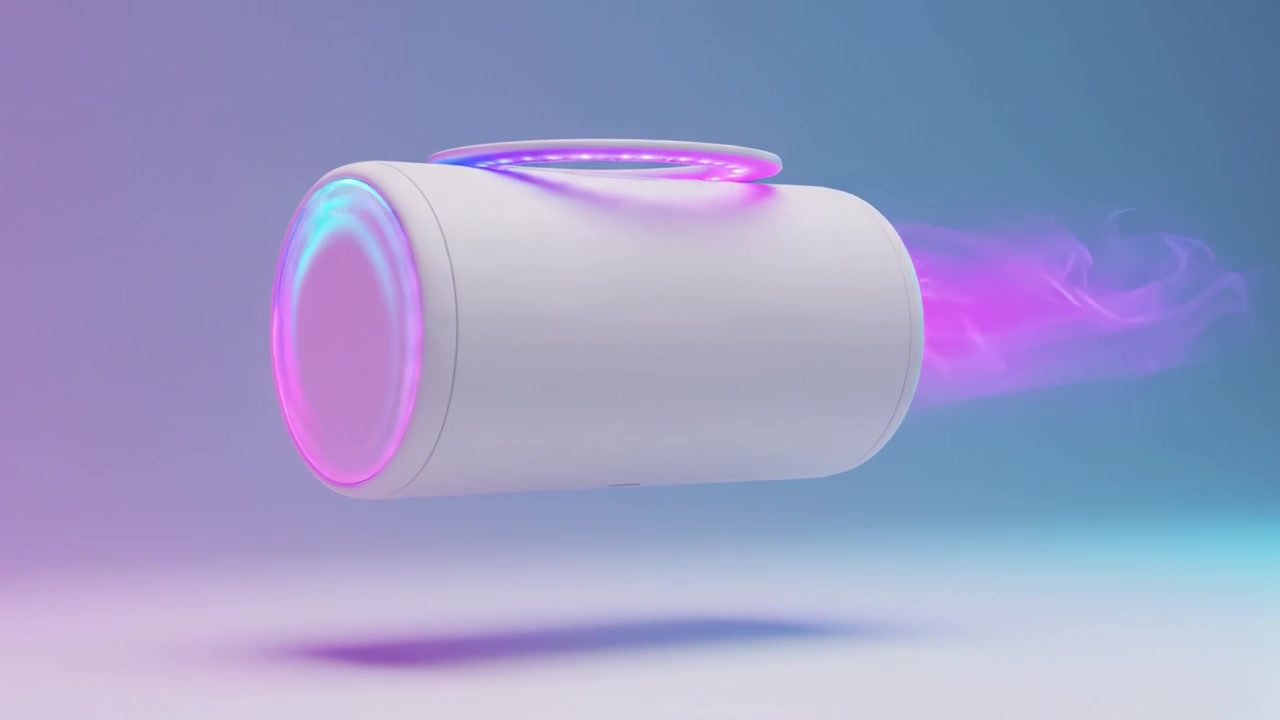 A futuristic floating speaker design with a captivating colorful light ring, showcasing modern technology and innovative audio features in a mesmerizing setting.