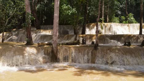 aerial view of cascading tat sae waterfalls in luang prabang in jungle setting