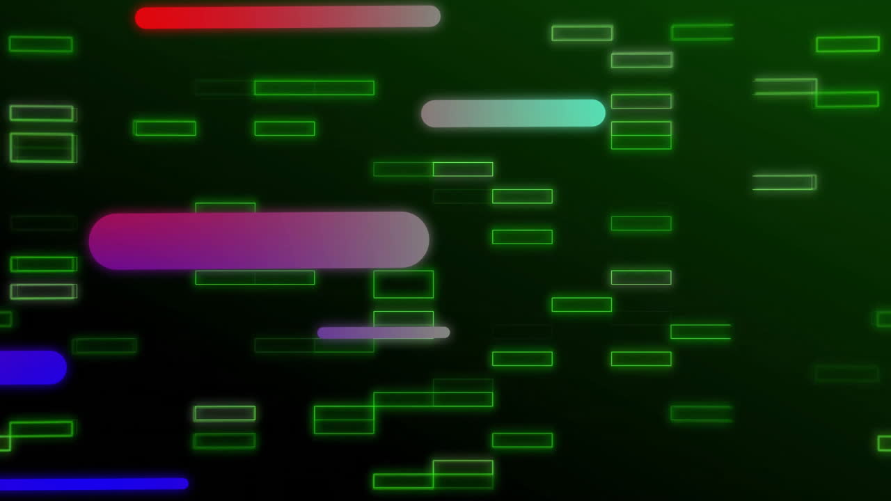 Animation of colourful shapes moving over green blocks