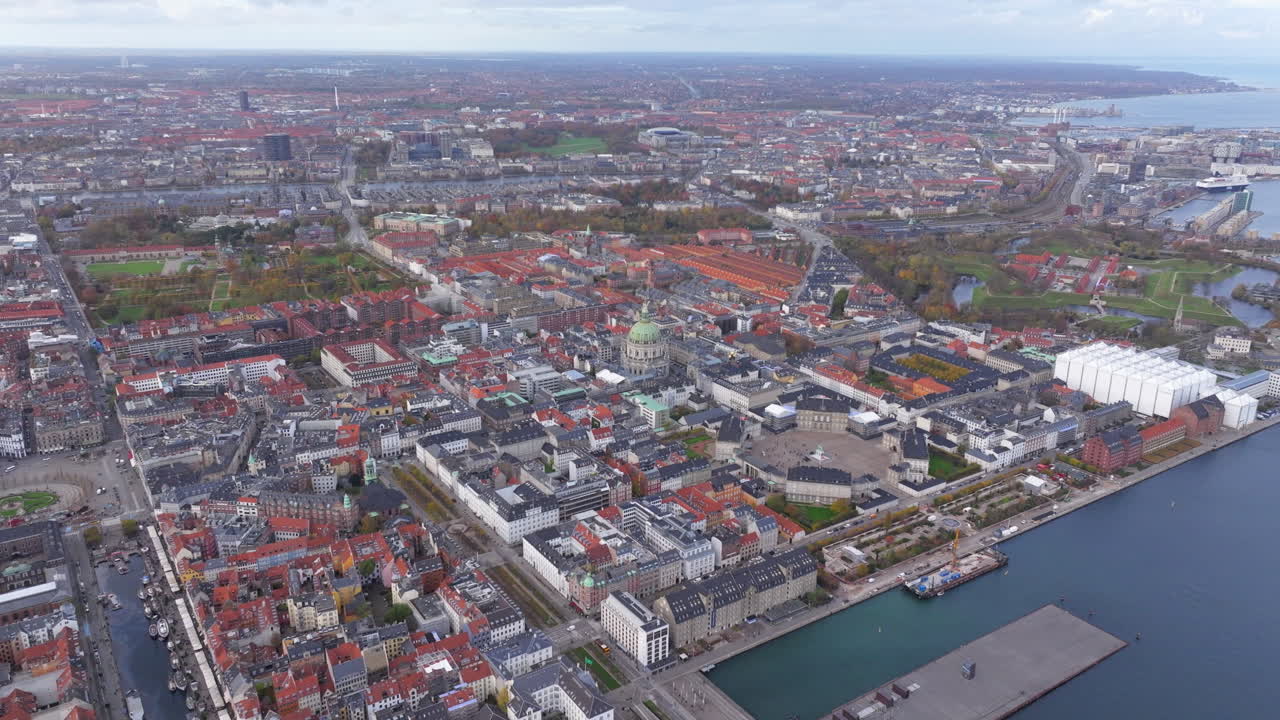 Wide pan down aerial shot over Amalienborg and Frederik's Church Copenhagen