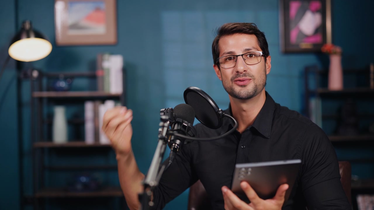 Professional Podcaster Recording Content with Tablet in Studio
