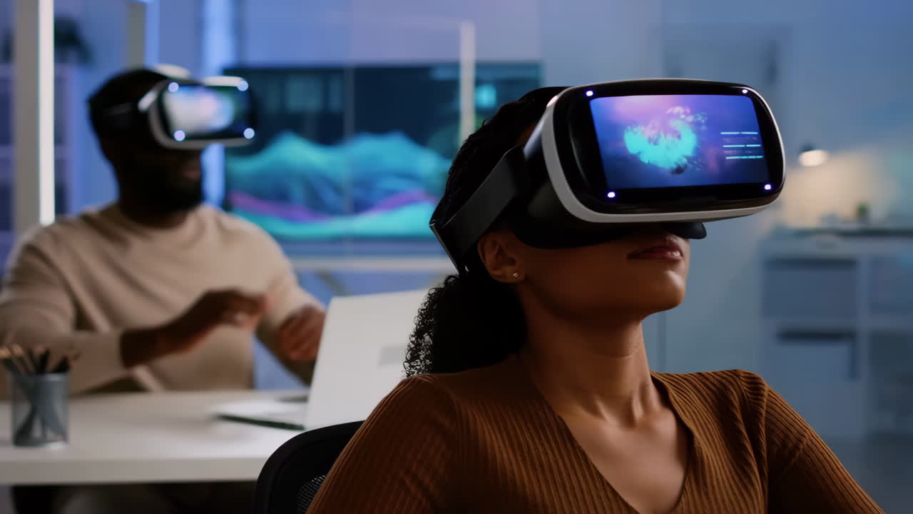 Colleagues exploring virtual reality with VR headsets in a modern office