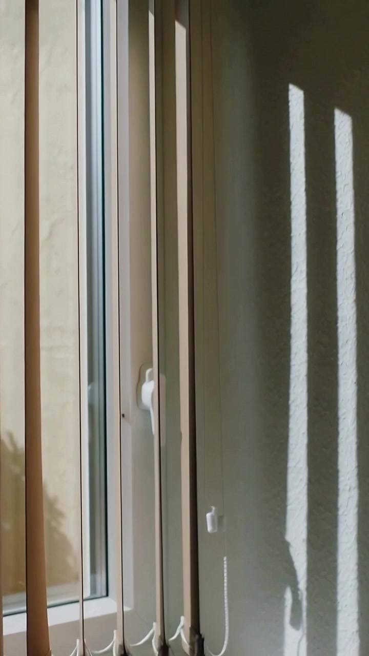 Vertical video: Sunlight entering home window, blinds swaying as camera panning, showing handle