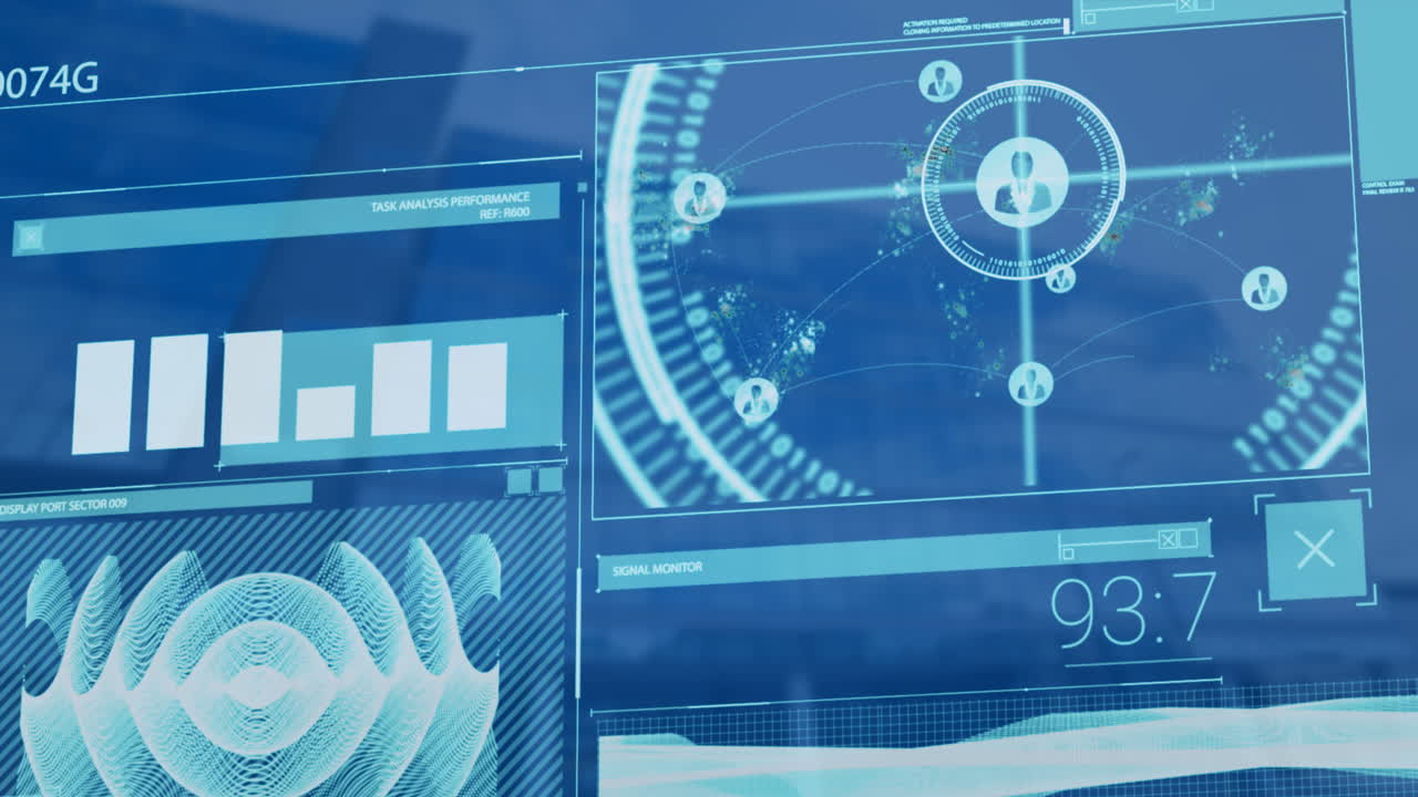 Animation of interface with data processing against low angle view of tall buildings