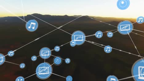 Animation-Von-Verbindungsnetzwerken-Mit-Symbolen-über-Der-Landschaft