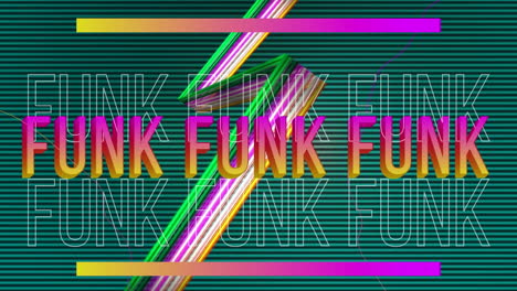 animation of funk text over colorful light on stripes background