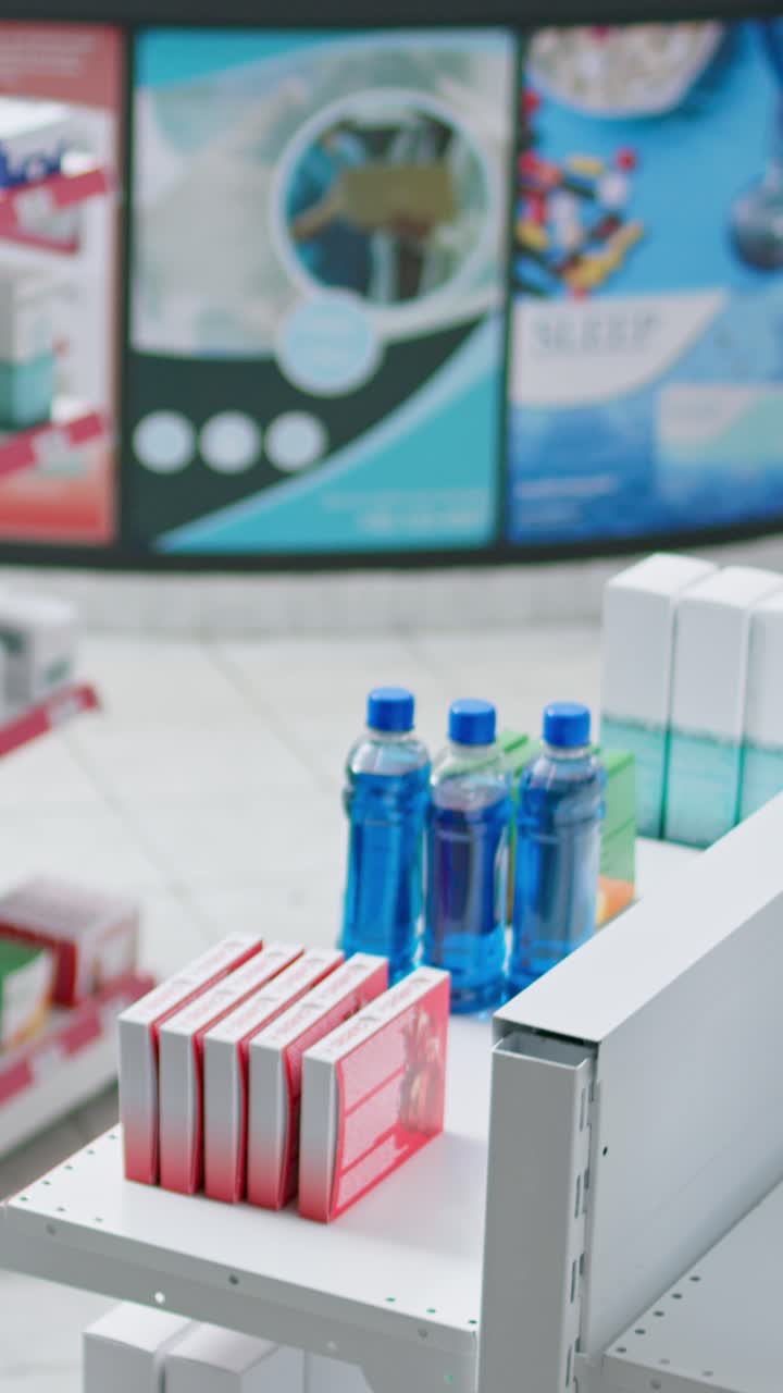 Vídeo vertical. Farmacia vacía con productos farmacéuticos y nutricionales