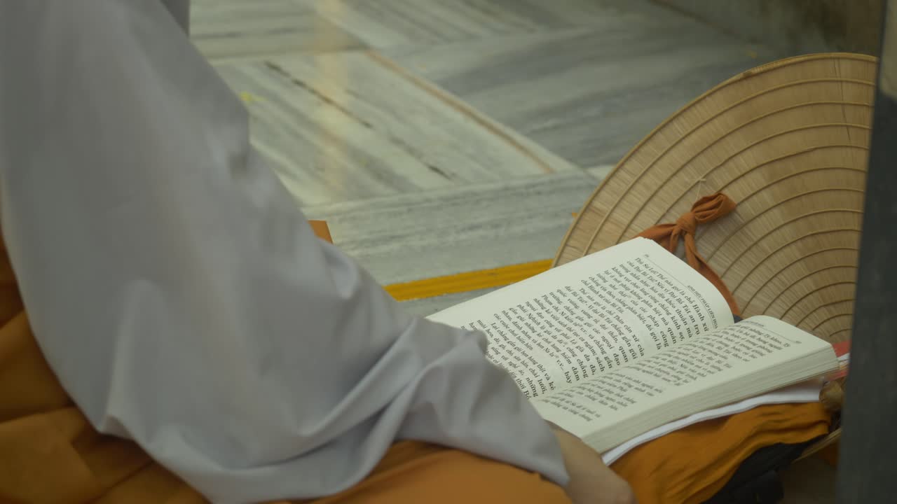 Un monaco buddista cinese che legge letteratura cinese presso il Tempio Mahabodhi sotto l'albero della Bodhi, Bodhgaya, Bihar, India.