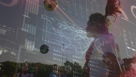 animación del procesamiento de datos sobre diversas jugadoras de fútbol en el campo de fútbol