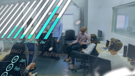 business team in office with bar graph animation overlaying discussion