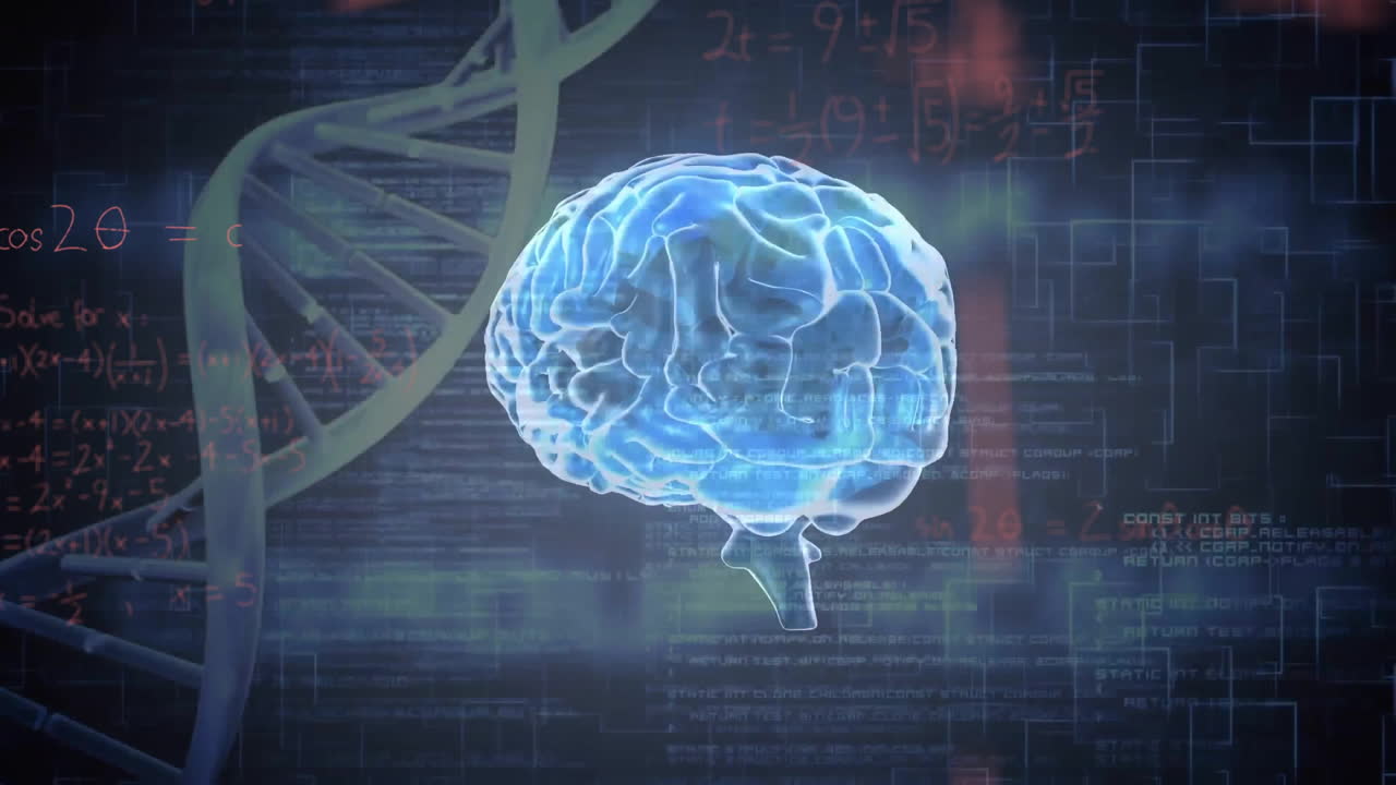 Animation of glowing brain over dna and processing data