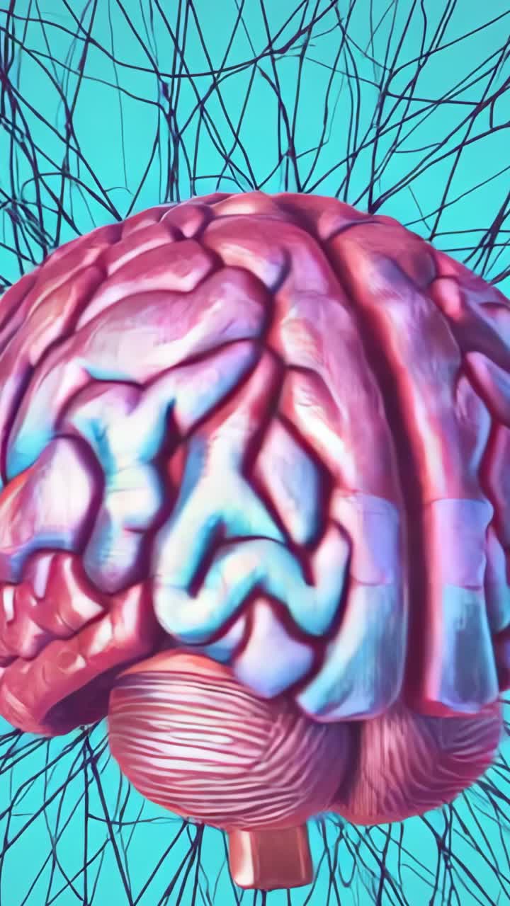 Vertical video: Rotating pink 3D brain model revealing hemisphere views in teal backdrop, wire web
