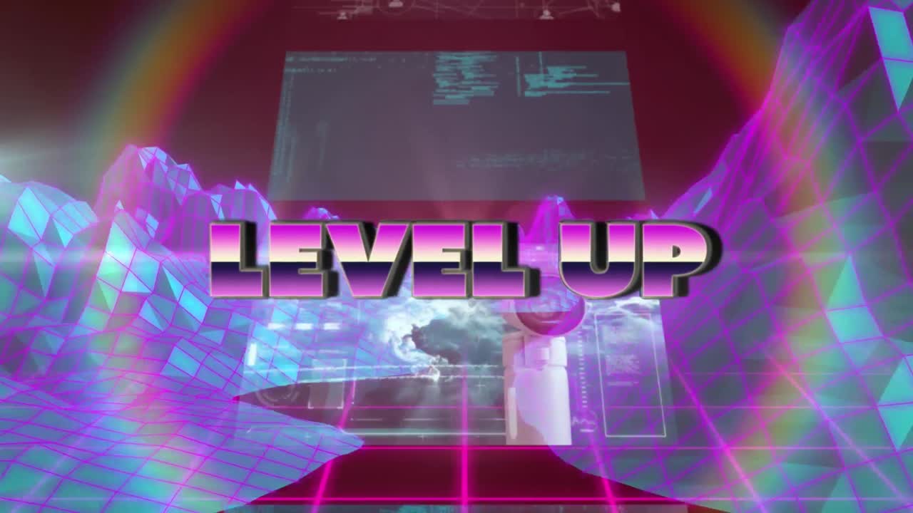 빨간색 배경에 디지털 산과 화면 위에 레벨 업 텍스트의 애니메이션