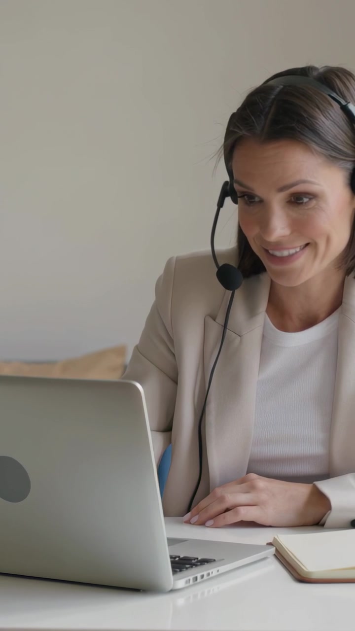 Video verticale: Donna in blazer che si unisce a una chiamata al laptop, parlando in un auricolare e prendendo appunti della riunione.