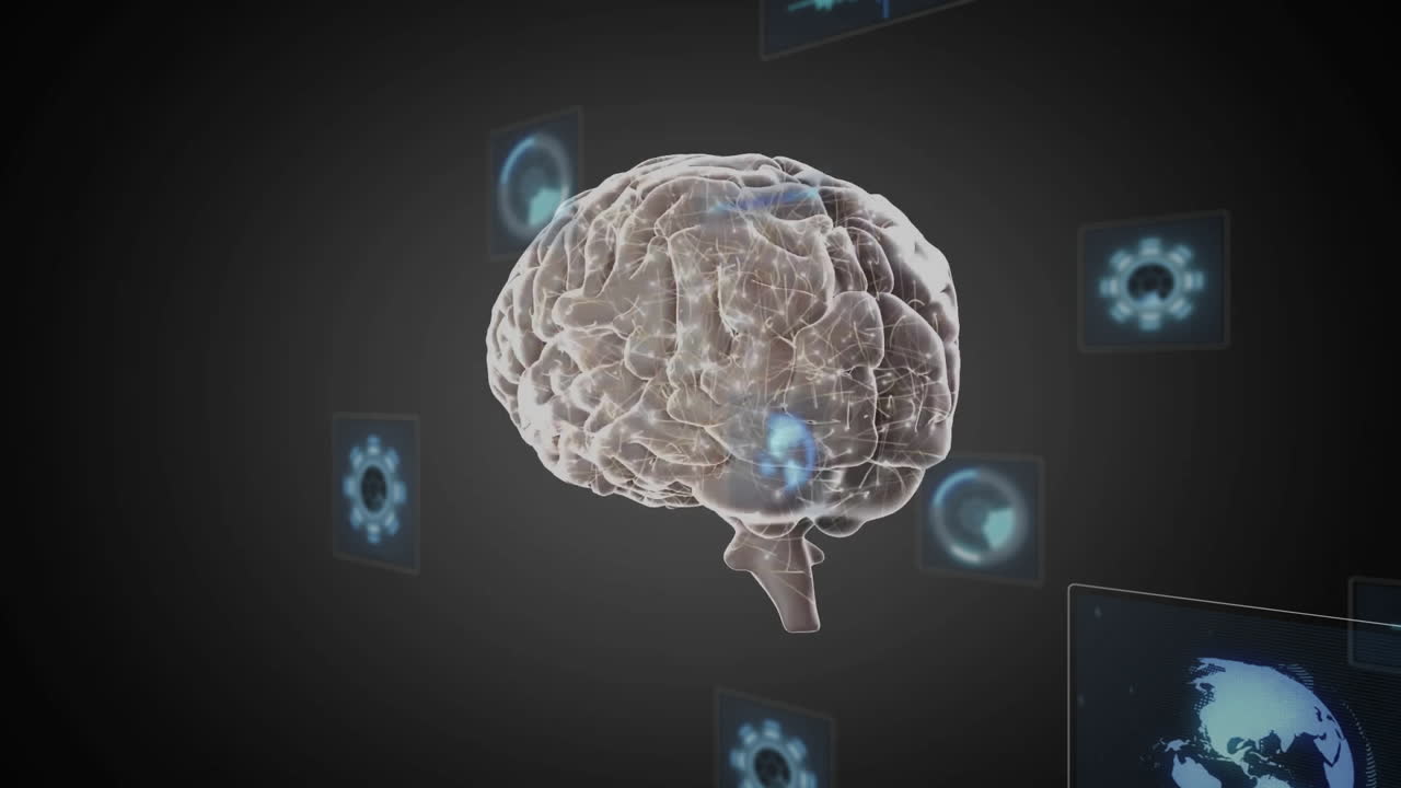 Animation of digital brain with floating data screens on dark background
