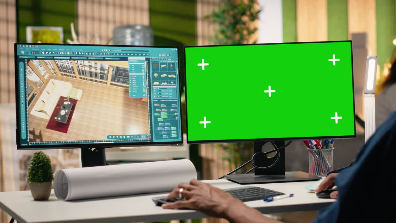 Person working on 3D design software with green screen monitor