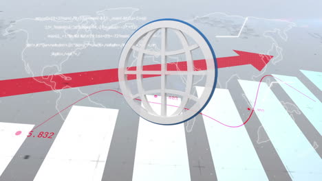 animation of line with financial data processing red arrow ascending and white globe