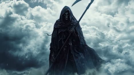 a grim reaper standing in the clouds with a scythe